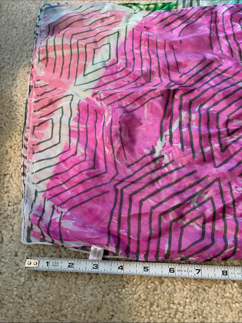 Vibrant Green, White and Pink Geometric Patterned Women's Scarf -  100% Silk